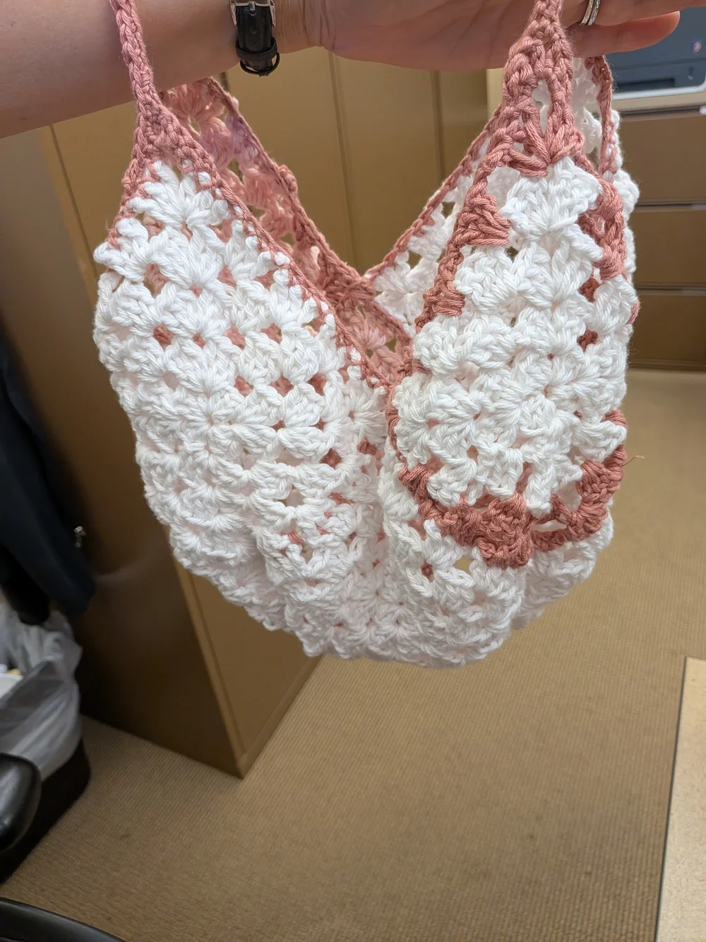 Handmade Crochet Hobo Bag - Pink & White